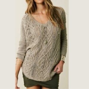 Free People | Cross My Heart Distressed Longline Tunic Loose Cable Knit Sweater